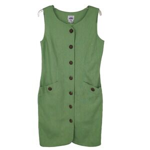 VTG 90s Sake 100% Linen Gold Button Front Sleeveless Lime Green Dress Size 8